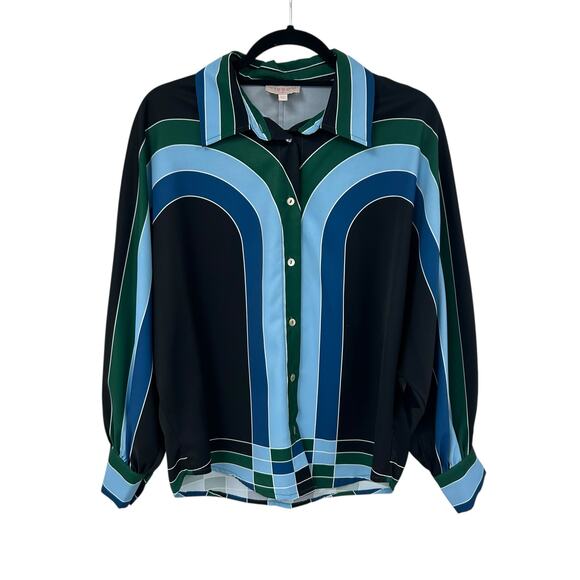 Ciebon Blue Black Green Colorblock Long Sleeve Button Up Shirt Womens Small - Picture 1 of 4